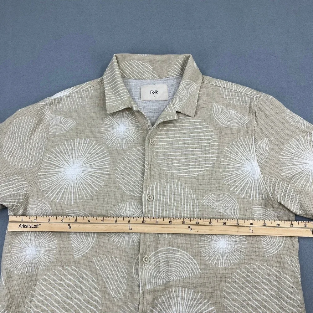 Folk Mens XL Tan Geometric Sunburst Print Textured Cotton Short Sleeve Shirt - Picture 5 of 13